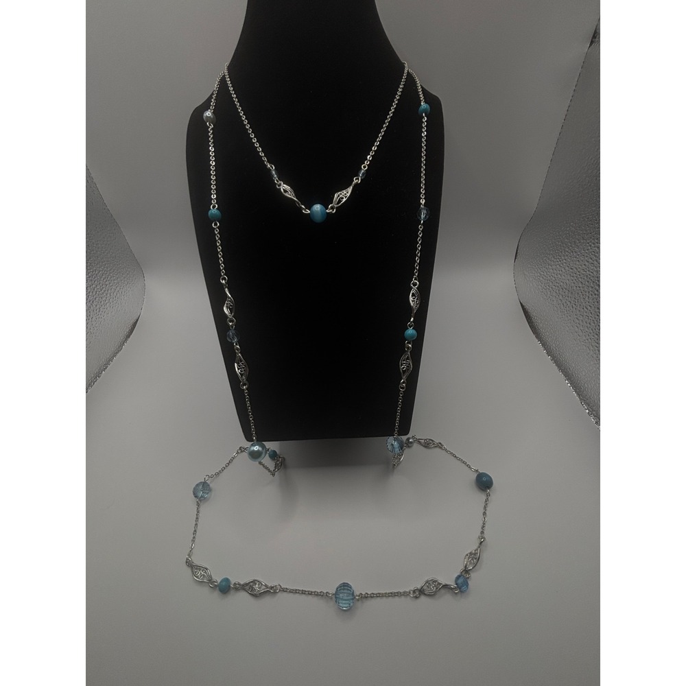 Candie's Silver Tone Blue Turquoise Bead Station Necklace Set 20‎ Inch Layering